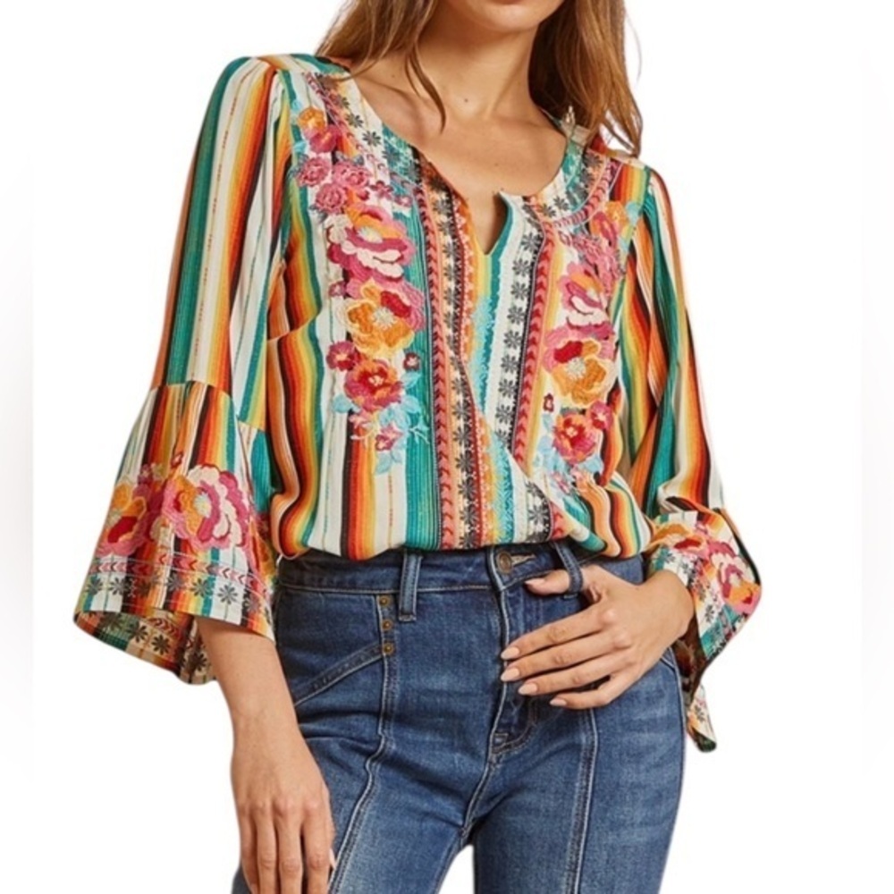 Savanna Jane Serape Floral Embroidered Blouse with Bell Sleeves